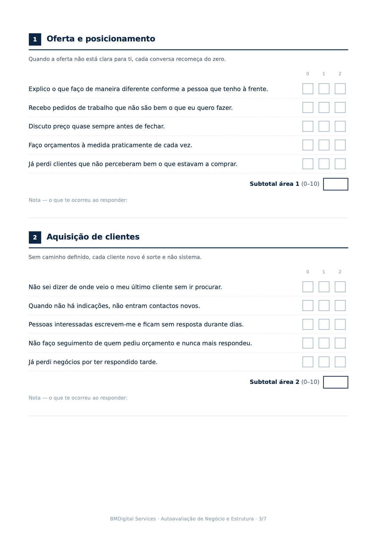Página 3 do guia: dez situações sobre oferta e aquisição de clientes, com opções 0, 1 e 2 e subtotais.